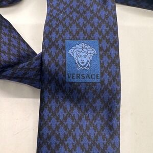 Versace Silk Houndstooth Medusa Logo Necktie Blue Black‎ Made in Italy Classic
